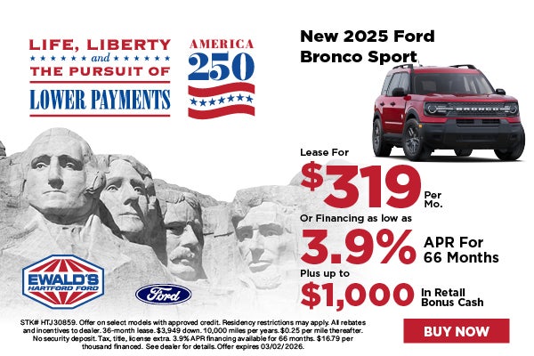 2025 Ford Bronco Sport Lease for $319 or 3.9% APR or $1,000 
