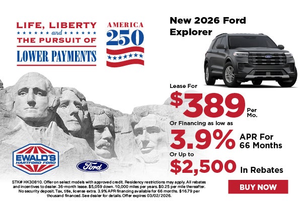 2026 Ford Explorer Lease $389 or 3.9% APR or $2,500 Rebate