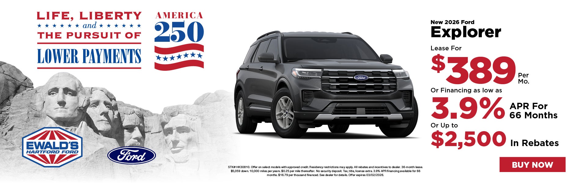 2026 Ford Explorer Lease $389 or 3.9% APR or $2,500 Rebate