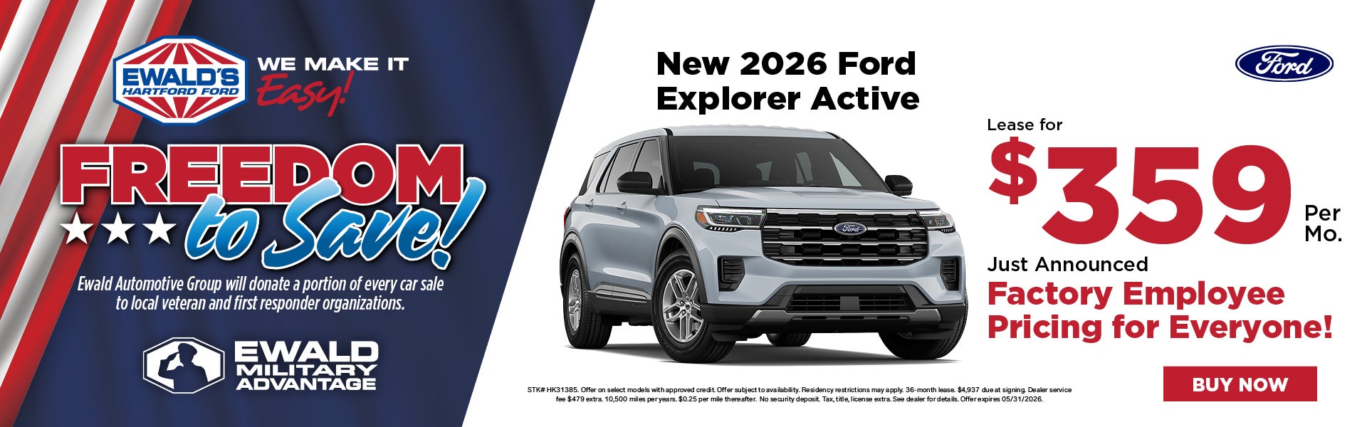 2026 Ford Explorer Active Lease for $359 with employee prici
