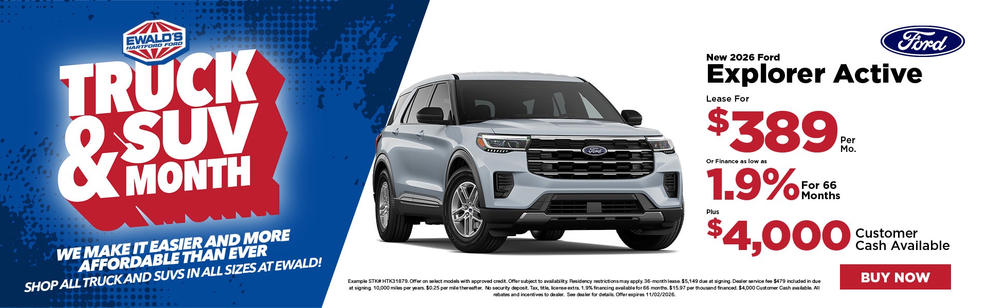 2026 Ford Explorer Active Lease $389 or 1.9% plus $4,000