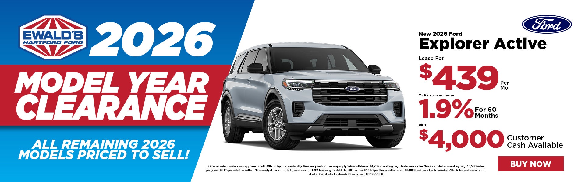 2026 Ford Explorer Active Lease $439 or 1.9% APR plus $4k Cu